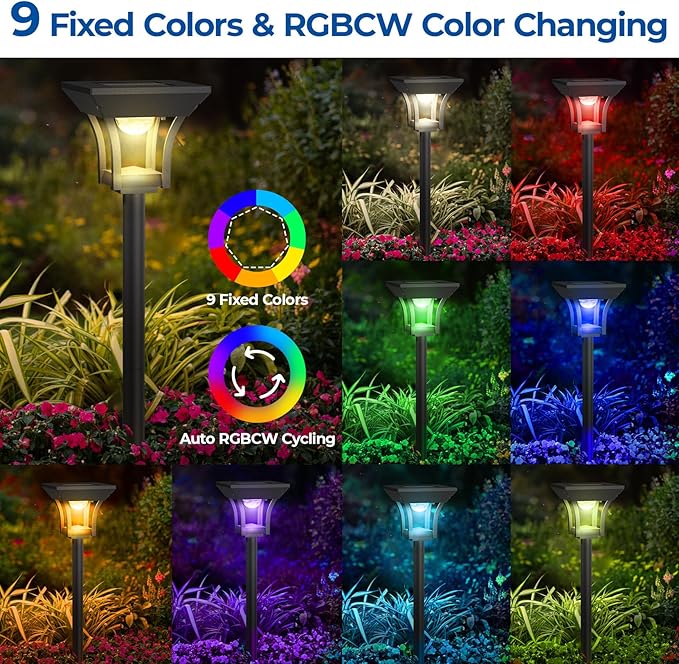 CINOTON 18 Pack RGBCW Solar Pathway Outdoor Lights, 3 Lighting Modes Solar LED Garden Lights, IP65 Waterproof Outside Solar Powered Landscape Lighting for Planter Lawn Pool Balcony RGB/Warm/Cold White