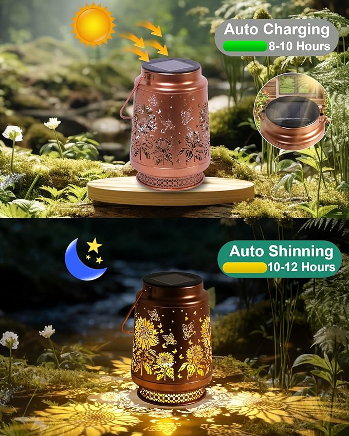 2 Pack Sunflower Solar Lanterns Outdoor Waterproof, Garden Decor Birthday Gifts for Women Mom Grandma Sister, Metal Hanging Solar Lights Outside Decorative for Backyard Patio Lawn Pathway Landscape