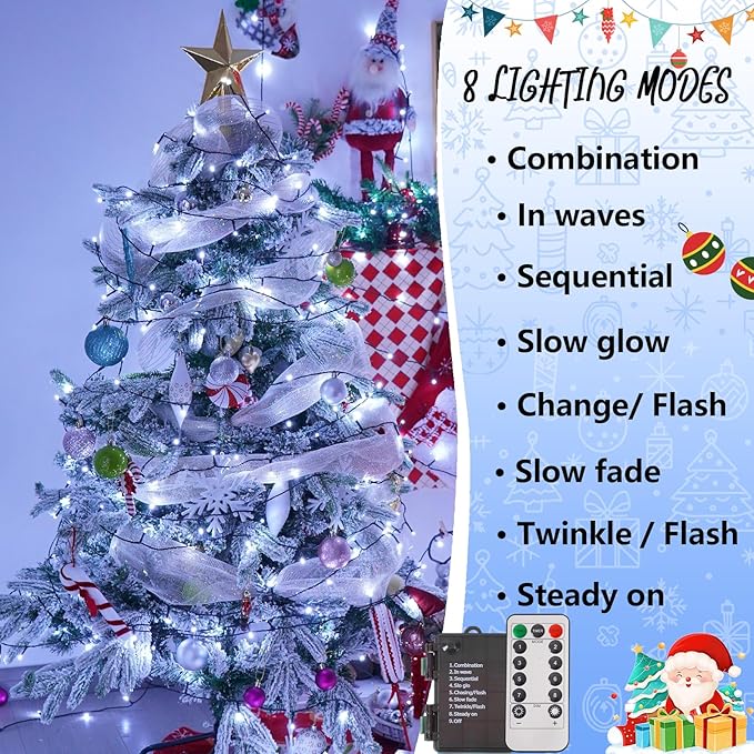 YEGUO Christmas Lights Battery Operated, 2 Pack Each 33ft 100 LED White String Lights Outdoor Waterproof, 8 Modes Green Wire Fairy Light Indoor with Remote