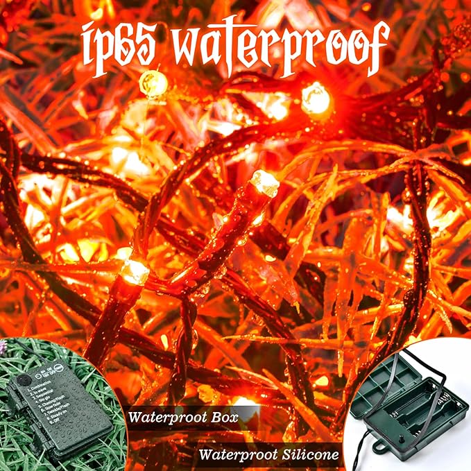 Orange Lights for Halloween Lights String Outdoor Total 100LED 33Ft 8 Modes with Timer Waterproof Battery Operated 16.4Ft*2, 50LED*2 Indoor for Halloween Decor, Orange, 2-Pack