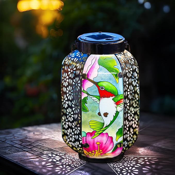 Hummingbird Solar Lantern Outdoor Hanging Lights – Waterproof Metal Garden Decor with Stained Glass, LED Solar Decorative Lamp for Patio, Yard, Porch, Pathway, Gardening Gifts for Mom, Grandma, Women