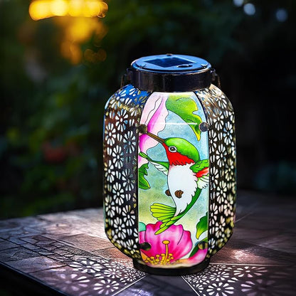 Hummingbird Solar Lantern Outdoor Hanging Lights – Waterproof Metal Garden Decor with Stained Glass, LED Solar Decorative Lamp for Patio, Yard, Porch, Pathway, Gardening Gifts for Mom, Grandma, Women