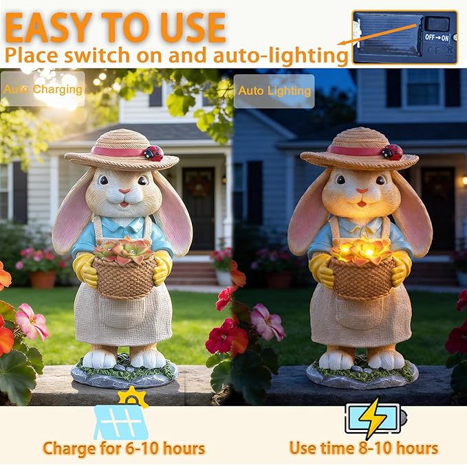 11" Rabbit Solar Garden Decor Bunny Outdoor Statue with Light Gift Idea Light Decorations for Yard Garden Patio Mom Gift