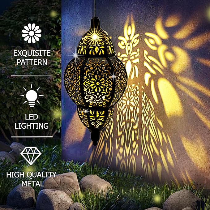 Hanging Solar Lantern Outdoor Decor, Moroccan Solar Lights for Outside Garden Decorations, Waterproof Solar Lanterns Garden Gifts for Mom, Women, Patio, Yard Ornament (Black)