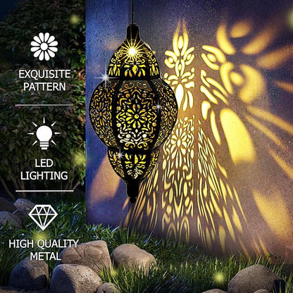 Hanging Solar Lantern Outdoor Decor, Moroccan Solar Lights for Outside Garden Decorations, Waterproof Solar Lanterns Garden Gifts for Mom, Women, Patio, Yard Ornament (Black)