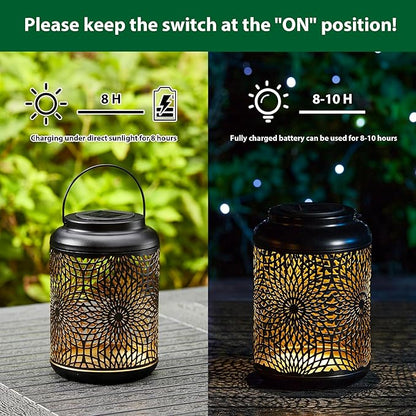 Glitzhome Solar Lantern Black Metal Cutout Scrollwork Outdoor Hanging Solar Light with Handle for Garden Patio Yard Outdoor Decor
