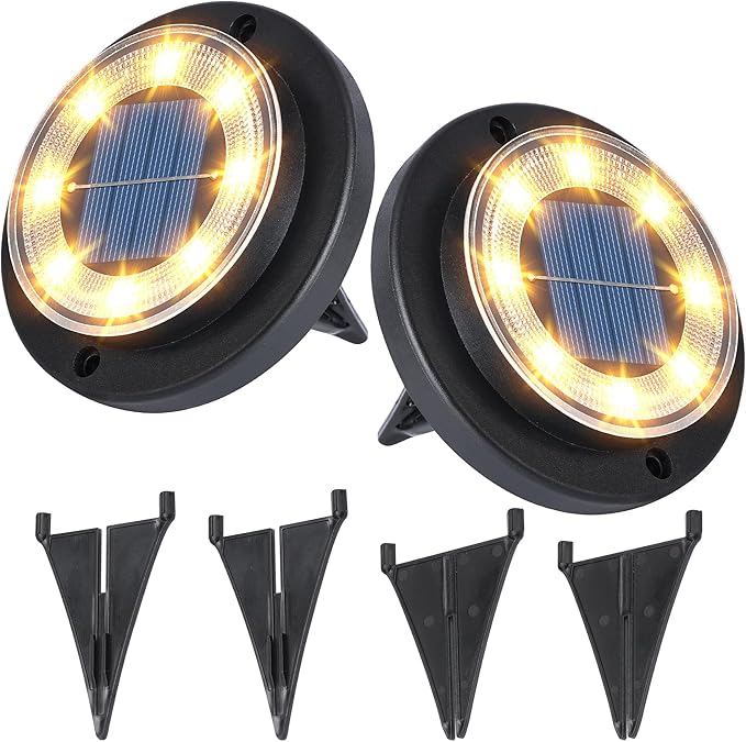 2-Pack Solar Ground Disk Lights, Warm White Waterproof LED