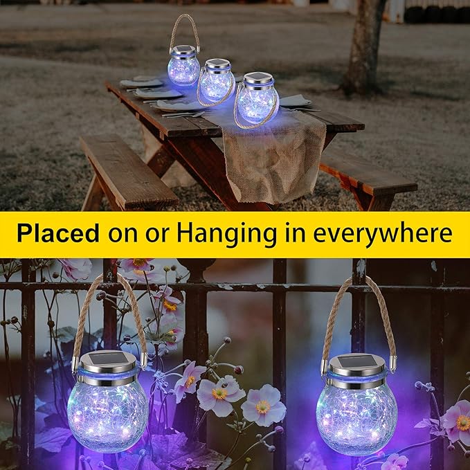 Solar Hanging Lanterns Outdoor Waterproof, Table Lamps Decorative Cracked Glass Jar 30 LED Lights for Garden Tree Court Yard Patio Pathway Christmas Day Holiday Party Decoration (2, Colors)