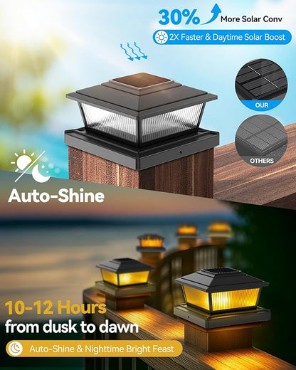 Solar Post Cap Lights Outdoor for 4x4 5x5 6x6 Wood/Vinyl Posts, 6 Pack Fence Post Solar Lights with Flickering Flame & Warm Modes for Deck/Garden/Patio, IP65 Waterproof - Black