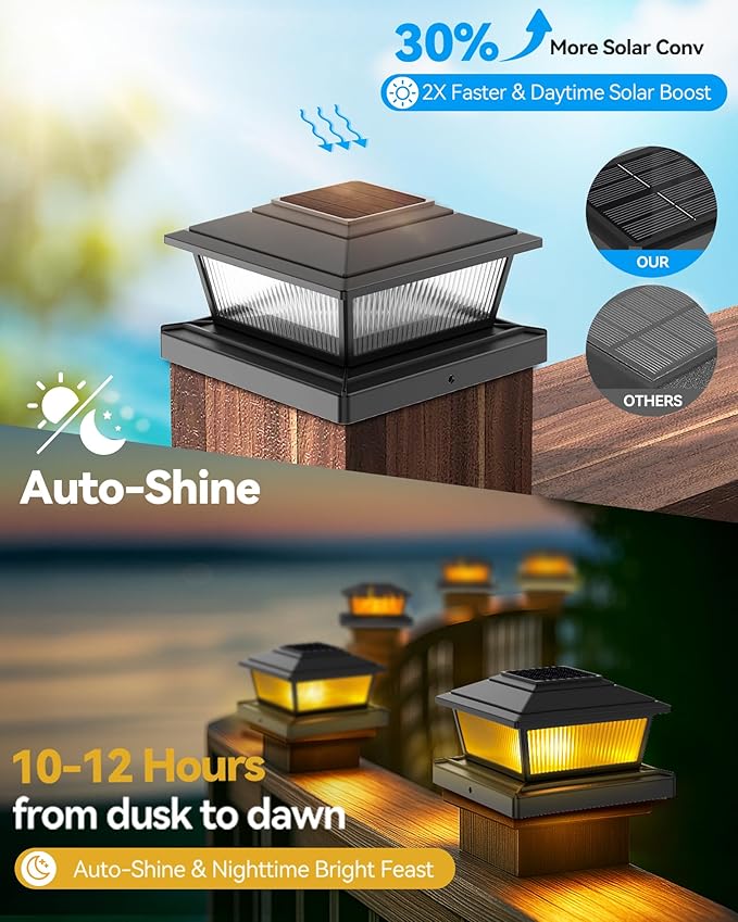 Solar Post Cap Lights Outdoor for 4x4 5x5 6x6 Wood/Vinyl Posts, 2 Pack Fence Post Solar Lights with Flickering Flame & Warm Modes for Deck/Garden/Patio, IP65 Waterproof - Black