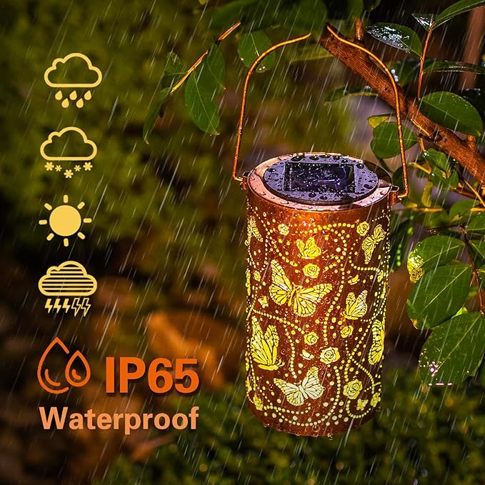 2 Pack Butterfly Solar Lanterns Outdoor Waterproof Hanging Solar Lights Butterfly Gifts for Women Men Metal Decorative LED Lights for Garden Decor,Yard,Patio,Lawn,Tabletop,Pathway,Landscape