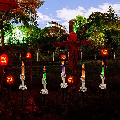 Halloween Candle Light Stakes, 5 Pack Skeleton Hands Hold Lighted Candle Pathway Makers, Waterproof Battery Operated with Timer, Light Up Figurine for Indoor Outdoor Holiday Party