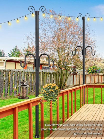 1.5 Inch Heavy Duty String Light Poles with 16.9” Spiral Ground Anchor - for Patio, Deck & Holiday Lighting, 8.5FT Adjustable Outdoor Post, Easy Screw-in Installation, Decorative Scroll Top & Hooks