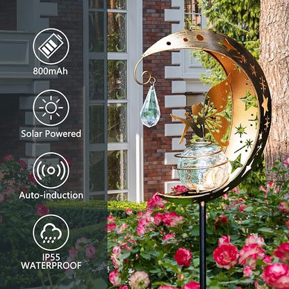 LICKLIP Moon & Fairy Garden Solar Stake Light Outdoor, Crackle Glass Globe With Metal Angle Stake, Waterproof Warm White LED, Decoration for Pathway Lawn Patio Courtyard Backyard (1 Pack)