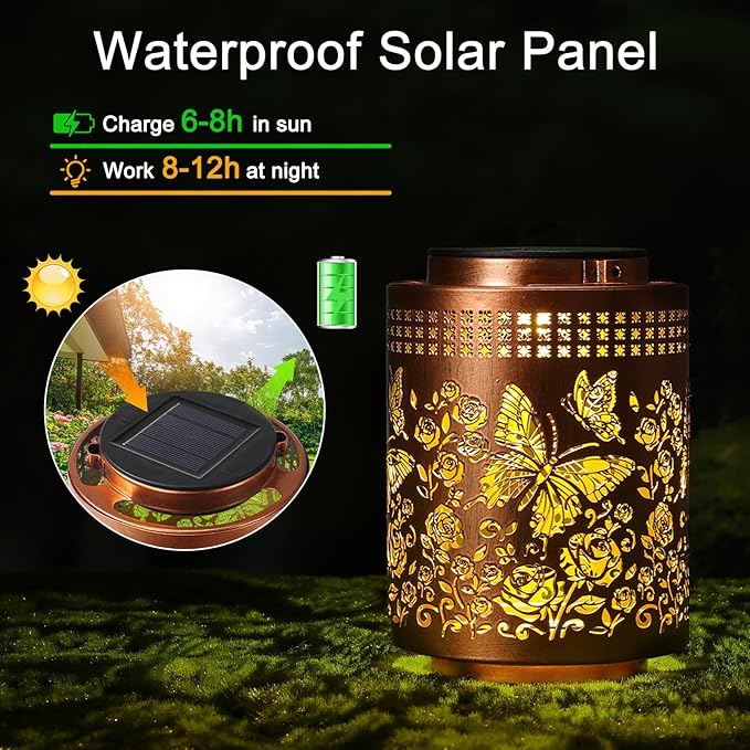 Solar Lanterns Outdoor Waterproof Butterfly Garden Decor Gifts for Women Mom Grandma, Hanging Solar Lights Metal Garden Decoration Outside for Yard, Patio, Backyard, Porch for Gift Card Box Packaging