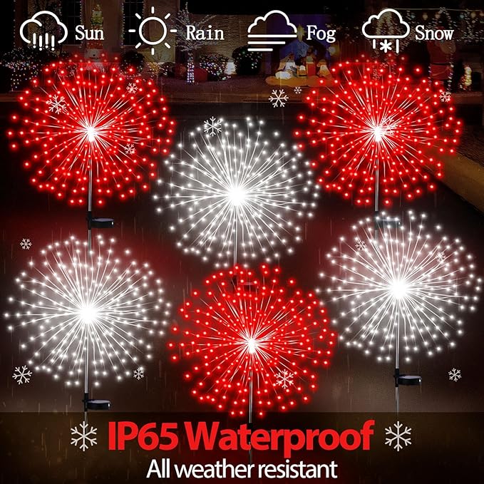 6 Pcs Valentine's Day Solar Firework Stake Lights 180 LED 8 Modes Solar Waterproof LED Sparkler Lights Outdoor Decoration for Garden Patio Yard Pathway Walkway Lawn (Red, White)