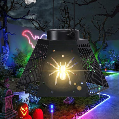 2-Pack 8.6" Halloween Solar-Powered Lanterns with Spider Outdoor Lantern Projection Lights, Waterproof Solar Stake Lights for Garden, Yard, Pathway Decor