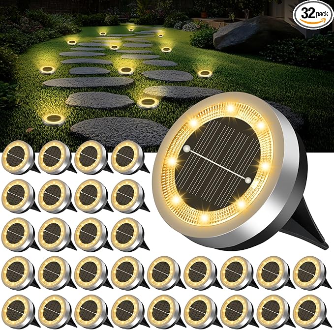 32-Pack Warm White In-Ground Solar Lights, Flat LED Garden
