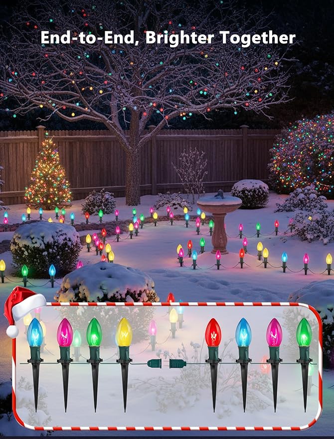 C9 Multicolor Christmas Pathway Lights,38FT 25 Pcs Multicolored Extendable Waterproof Christmas Walkway Lights with Multicolor Bulbs and Stakes for Outdoor Lawn Garden Sidewalk Xmas Decorations