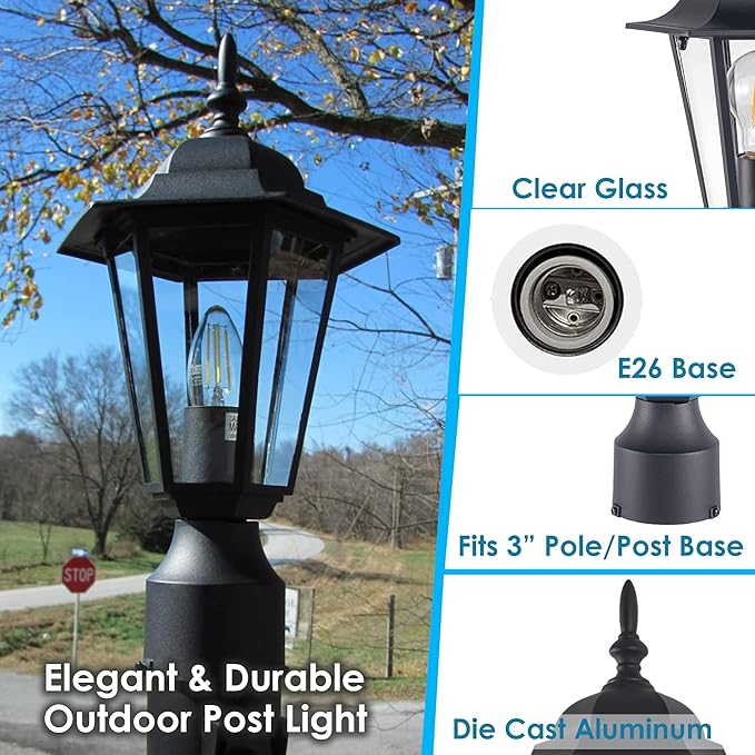 GRUENLICH Outdoor Post Light, Black Waterproof Lamp Post Lights Fxiture, Aluminum Pole Lantern for Outside Yard Pathway Garden, 1 Pack