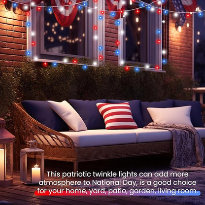 2 Pack Red White and Blue Fairy Lights Battery Operated, 66FT 200LED July 4th Patriotic String Lights with Timer, 8 Modes Waterproof Twinkle Light Indoor Outdoor for Independence Day National Day