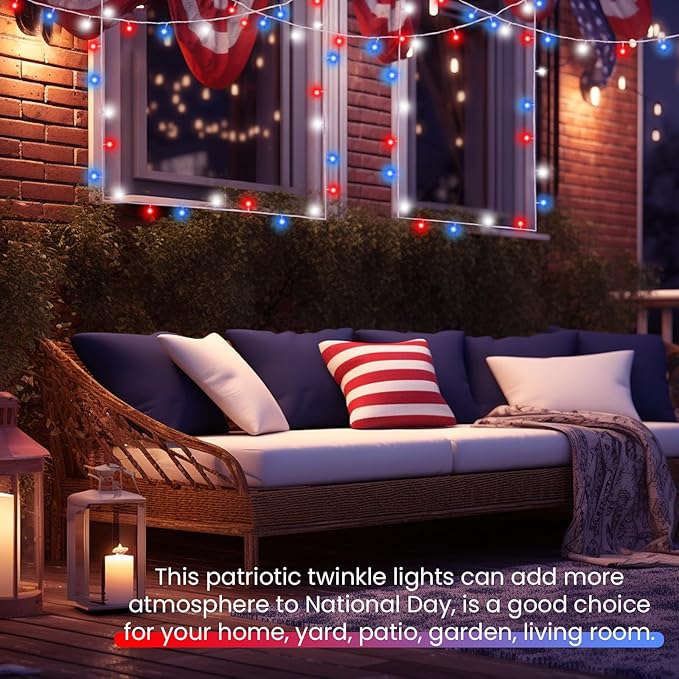2 Pack Red White and Blue Fairy Lights Battery Operated, 33FT 100LED July 4th Patriotic String Lights with Timer, 8 Modes Waterproof Twinkle Light Indoor Outdoor for Independence Day National Day