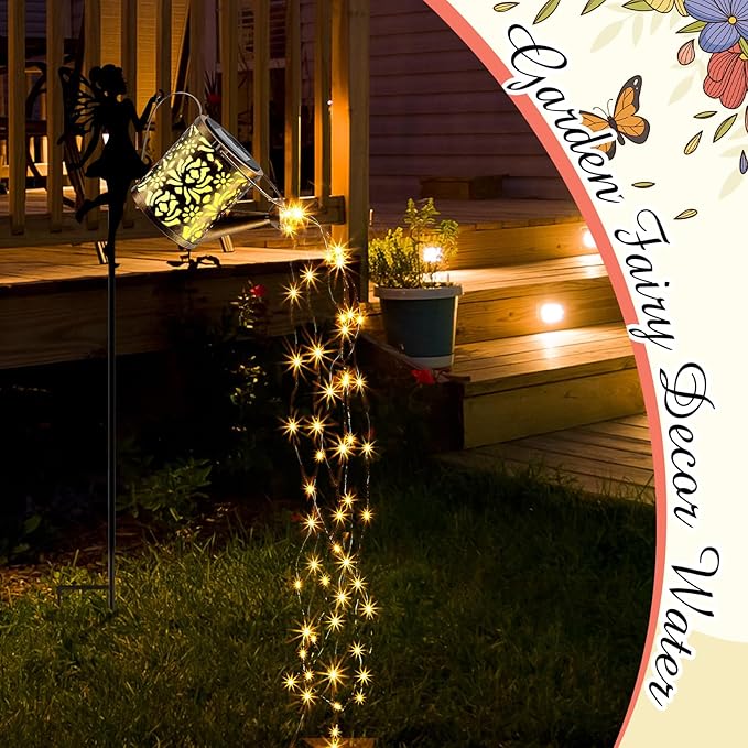 Honoson Solar Watering Can with Lights Solar Outdoor Garden Decor Fairy Water Can Hanging Lantern Landscape Sprinkle Waterproof Twinkle LED Decorative Gift for Women Yard Patio Pathway