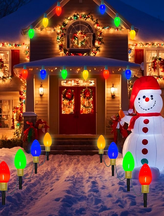 Jumbo C9 Christmas Pathway Lights Outdoor, 14Ft Outdoor Xmas Decorations Stakes Lights with 8 LED Jumbo Multicolor Bulb Christmas Walkway Lights for Outside Lawn Yard Garden Sidewalk Holiday
