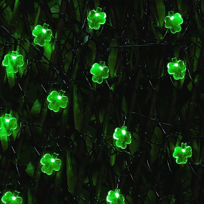 WATERGLIDE 2 Pack St. Patricks Day Shamrocks Lights, 50 LED Outdoor Decorative String Lights, Battery Operated Lucky Clover Light, 8 Lighting Modes & Timer, Waterproof for Party Garden Home Decor