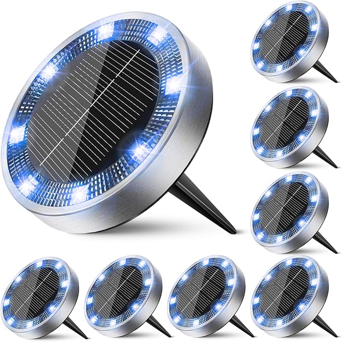 Solar Flat Disk Lights 8-Pack, Waterproof Garden