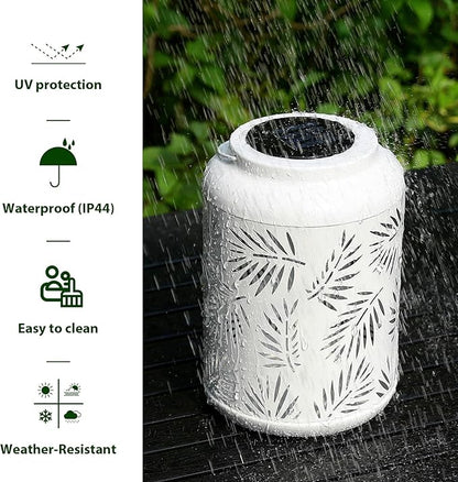 Glitzhome Solar Lantern White Metal Cutout Leaf Outdoor Hanging Solar Light with Handle for Garden Patio Yard Outdoor Decor