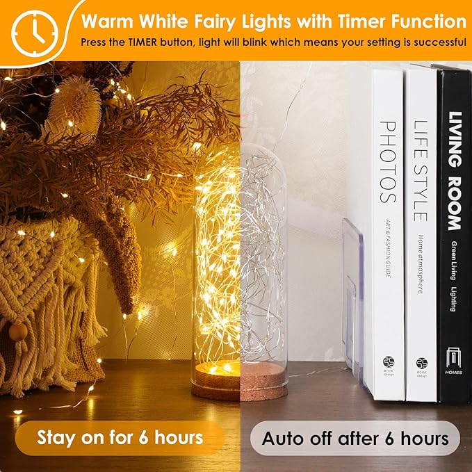 Mlambert 6 Pack 33FT Fairy Lights Battery Operated with Remote and Timer, Dimmable Waterproof 8 Modes Light for Bedroom Dorm Christmas-Warm White
