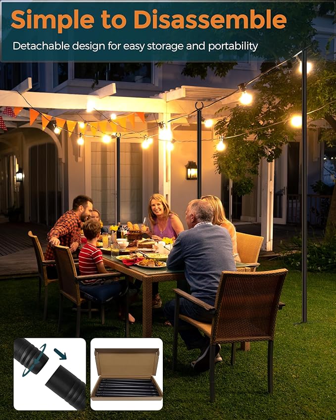 LAND·VOI Metal String Light Poles for Outside Hanging - Backyard, Garden, Patio, 4 Pack Lighting Stand with Adjustable Height for Outdoor Parties, Wedding, Extra-Long 5-Prong Claws, (10FT) FLP04B