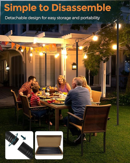 LAND·VOI Metal String Light Poles for Outside Hanging - Backyard, Garden, Patio, 4 Pack Lighting Stand with Adjustable Height for Outdoor Parties, Wedding, Extra-Long 5-Prong Claws, (10FT) FLP04B