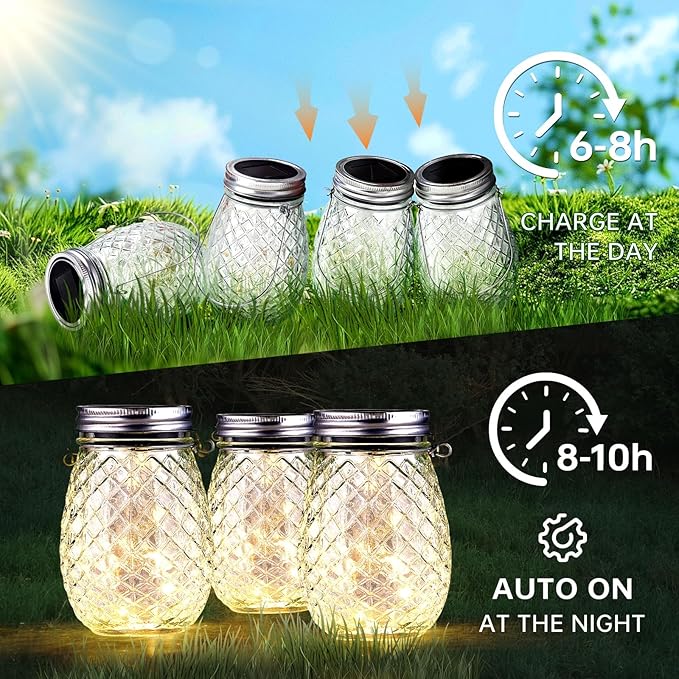 Dream Master 30 LED Hanging Solar Fairy Lights, Jars & Hangers Included, 6 Pack Waterproof Glass Mason Jar Lights Solar Powered, Ideal Outdoor Decor for Garden Patios, Yards, and Lawns, Warm White