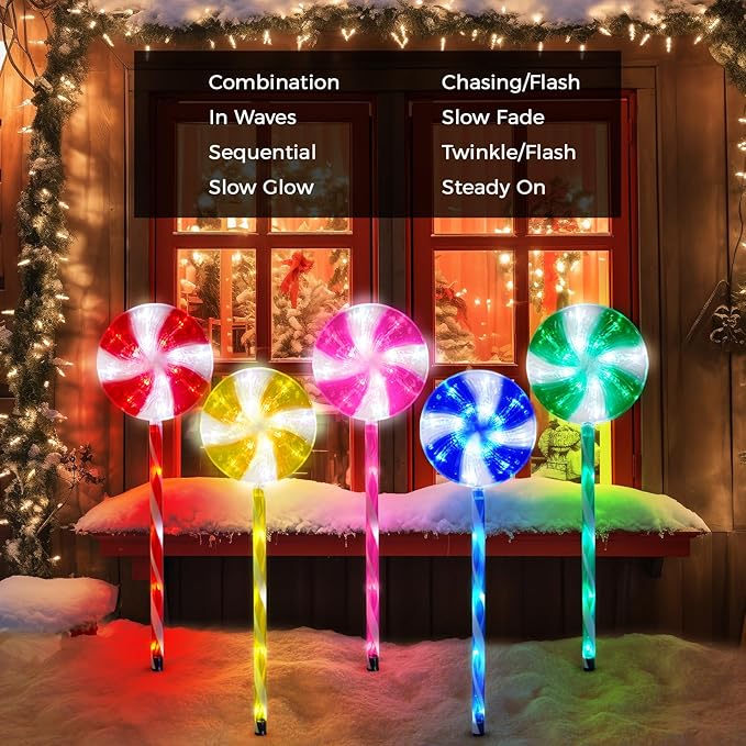 Outdoor Christmas Decorations Solar Pathway Lights, Set of 5 Lollipops Peppermint Stake Lights, 8 Modes Candy Cane Walkside Lights, Outdoor Xmas Decoration for Walkway,Yard