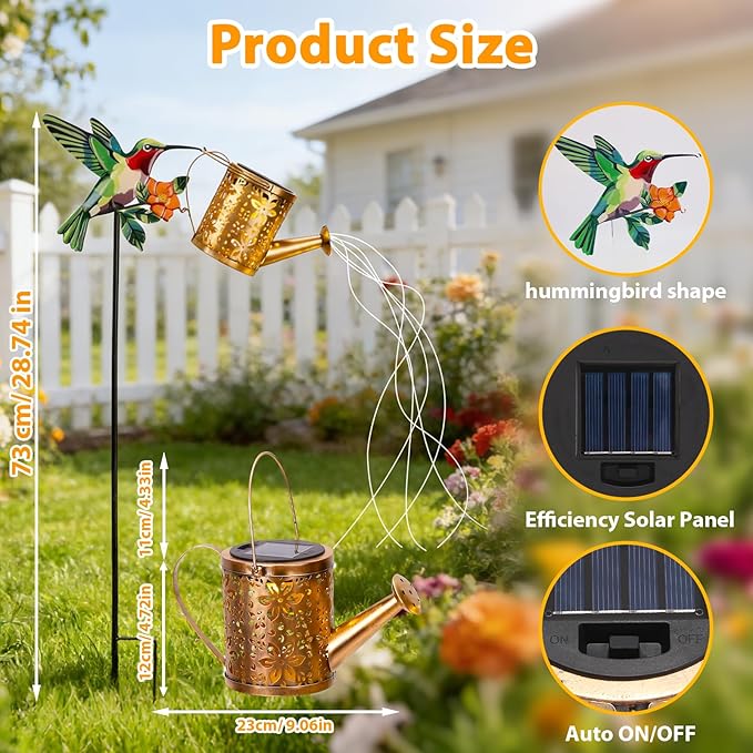 Solar Watering Can with Cascading Lights Outdoor Garden Decor 2026 New Hummingbird Shaped Solar Lights Outdoor Waterproof Solar Garden Lights Yard Decorations Outdoor for Mom Family Holidays Gift
