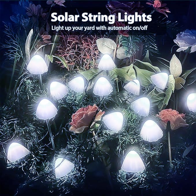OZS 2PK 32LED 55FT Mushroom Solar Garden Lights Outdoor, Solar String Lights Waterproof with 8 Lighting Modes, Solar Garden Decor for Outside, Pathway Light for Yard Decoration (Cool White)
