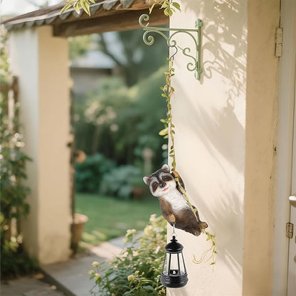 Solar Hanging Raccoon Statue, Outdoor Resin Animal Figurine with LED Lights for Garden, Fence, Porch, Patio, Yard Decor, Dusk to Dawn Auto On/Off