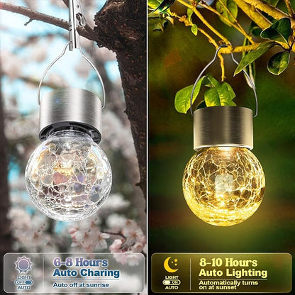 Solar Hanging Lanterns Outdoor: 12 Pack Cracked Glass Ball Lights with Hook - Waterproof Warm White Fairy Globe Lighting Yard Tree Ornaments - Gardening Gifts for Mom Grandma