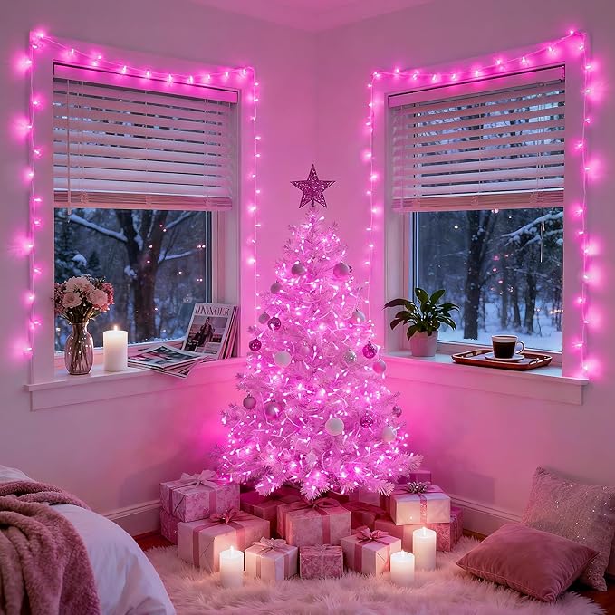 JMEXSUSS 33ft 100 LED Pink Battery Operated Lights with 8 Modes Remote, Pink String Lights Indoor Outdoor, Christmas String Light for Bedroom House Tree Party Porch Decor