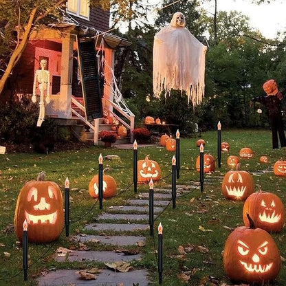 Halloween Pathway Lights Outdoor, 19.5Ft Halloween Pathway Marker String Lights with 10 C18 Flicker Flame Black Candles Stakes Lights Plug in Walkway Light for Lawn Garden Sidewalk Driveway