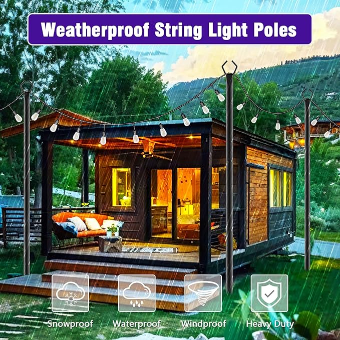 zoegi 4 Pack 10Ft String Light Poles,Light Poles for Outside Lights with Fork,Outdoor Brackets Hanging Lights,Metal Stand for Deck Patio,Backyard,Wedding,Deck,Party