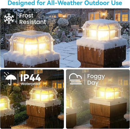 Solar Post Light 8 Packs with 4x4, 5x5 and 6x6 Inches Base for Vinyl/Wooden Posts, Bright 16 LEDs Solar Cap Lights with Two Light Modes for Decorating Deck, Patio, Porch, Fence (White)