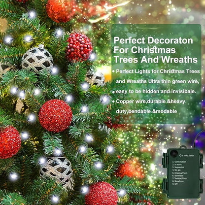 2 Pack Battery Operated Christmas Lights, 10FT 100 Micro LEDs Fairy Lights with 8 Modes and Timer, Green Copper Wire for Indoor Outdoor Christmas Tree Wreath Garland Garden Party, Cool White