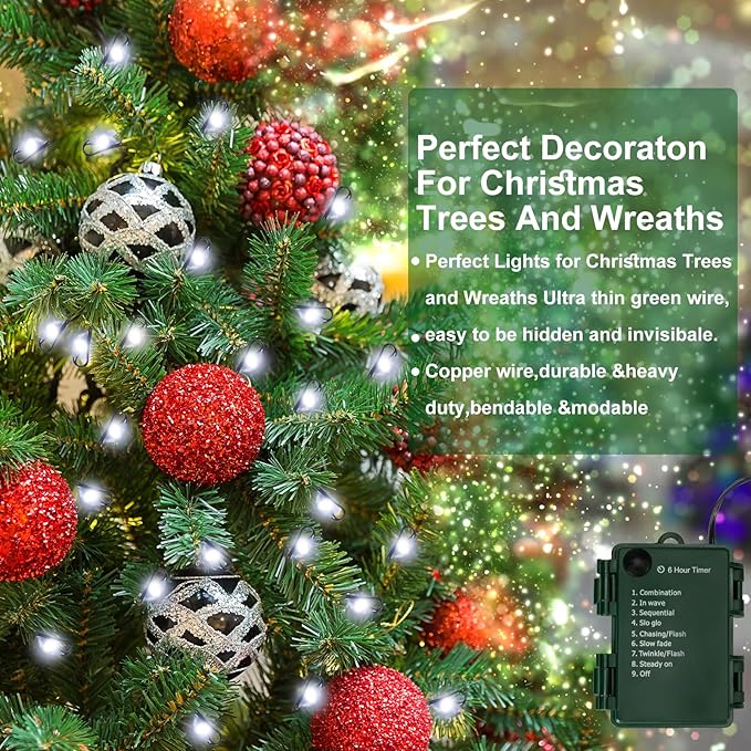 Battery Operated Christmas Lights, 20FT 200 Micro LEDs Fairy Lights with 8 Modes and Timer, Green Copper Wire for Indoor Outdoor Christmas Tree Wreath Garland Garden Party,Cool White