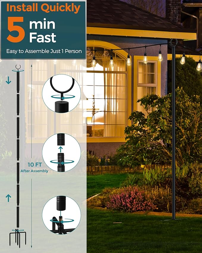 LAND·VOI Metal String Light Poles for Outside Hanging - Backyard, Garden, Patio, 4 Pack Lighting Stand with Adjustable Height for Outdoor Parties, Wedding, Extra-Long 5-Prong Claws, (10FT) FLP04B