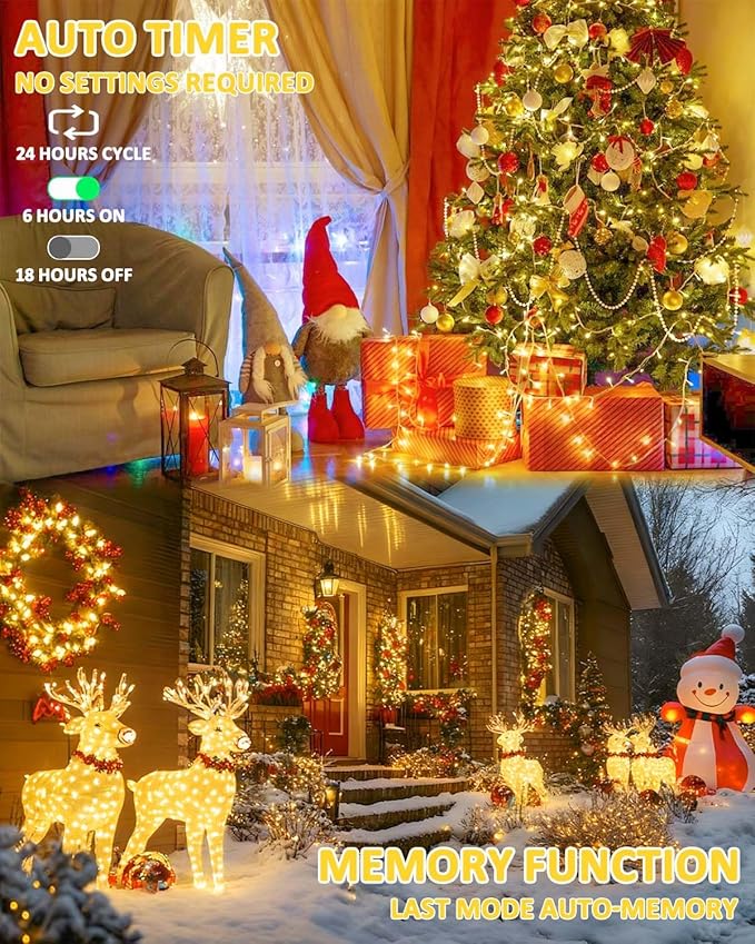 2 Pack Christmas String Lights Battery Operated with Timer, 66FT 200 LED Waterproof Twinkle Lights, 8 Modes Fairy Light for Indoor and Outdoor Bedroom Garland Tree Christmas Decorations (Warm White)