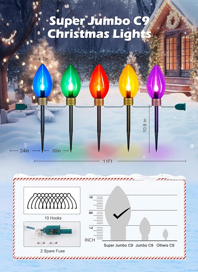 Moonflor Super Jumbo C9 Christmas Pathway Lights Outdoor - 2 Pack Total 22FT 10 LED C9 Walkway Light, Multicolor Christma Decoration Outside, Giant Christmas Lights Outdoor for Lawn Holiday Yard