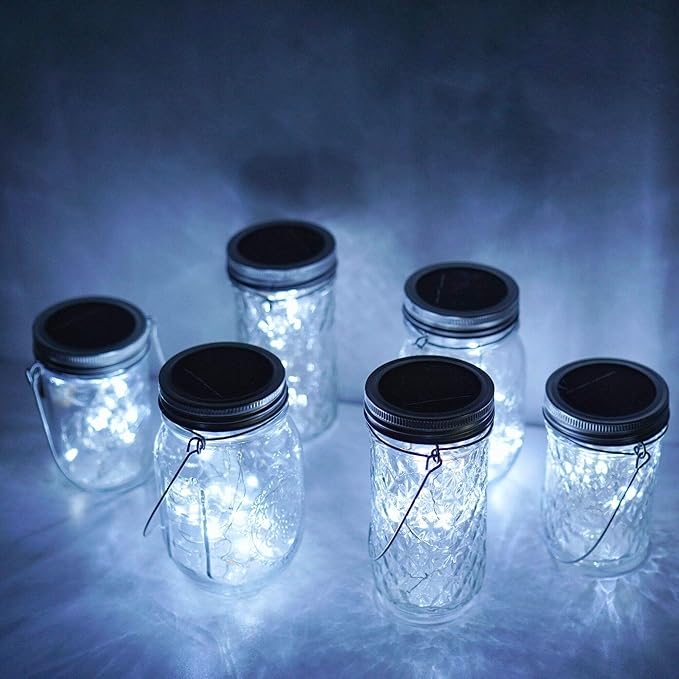 Miaro 8 Pack Mason Jar Lights, 20 LED Solar Pure White Fairy String Lights Lids Insert for Garden Deck Patio Party Wedding Christmas Decorative Lighting Fit for Regular Mouth Jars (Cool White)